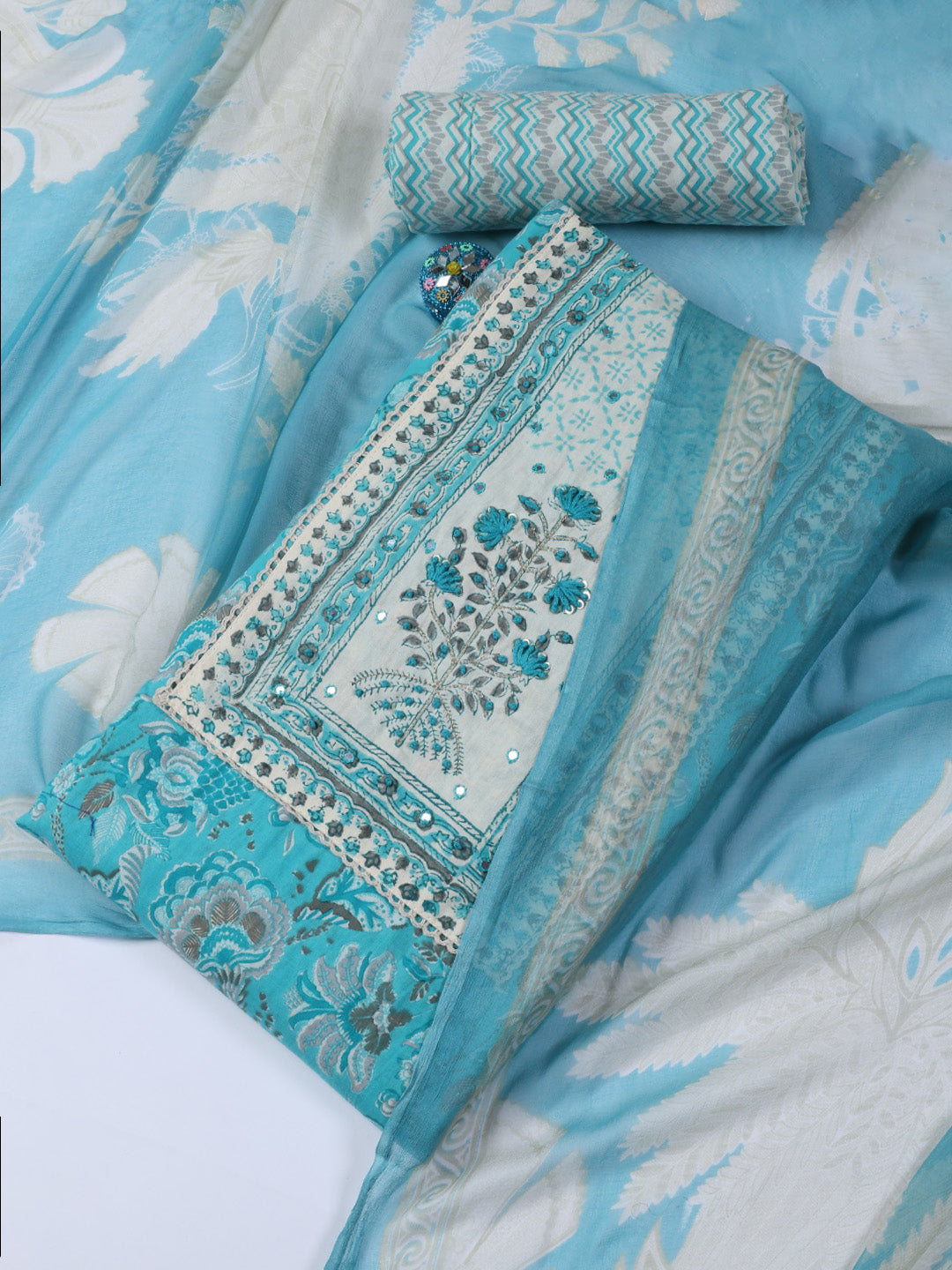 Neck Work Cotton Blend Unstitched Suit With Dupatta