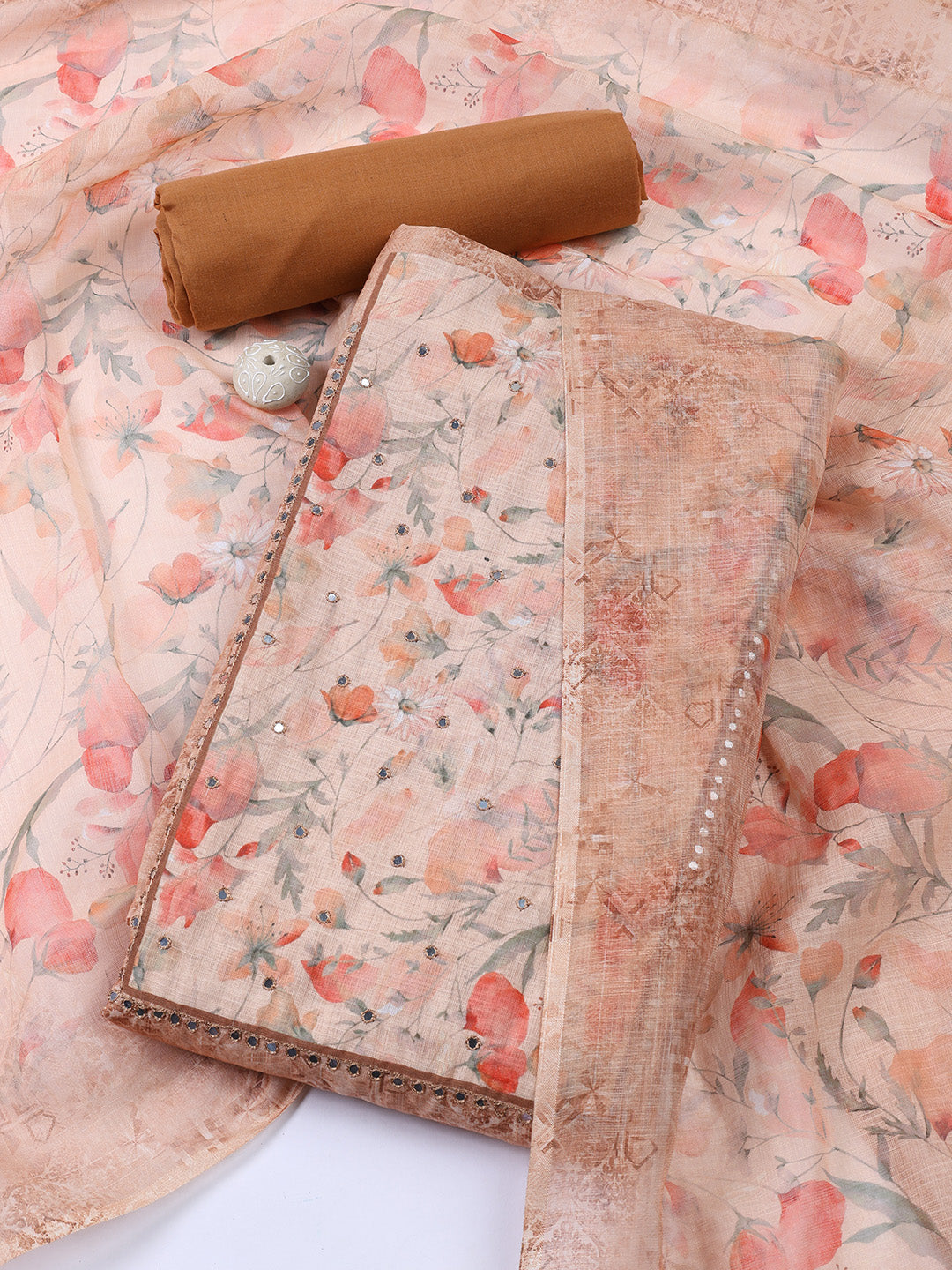 Neck Embroidered Linen Unstitched Suit Piece With Dupatta