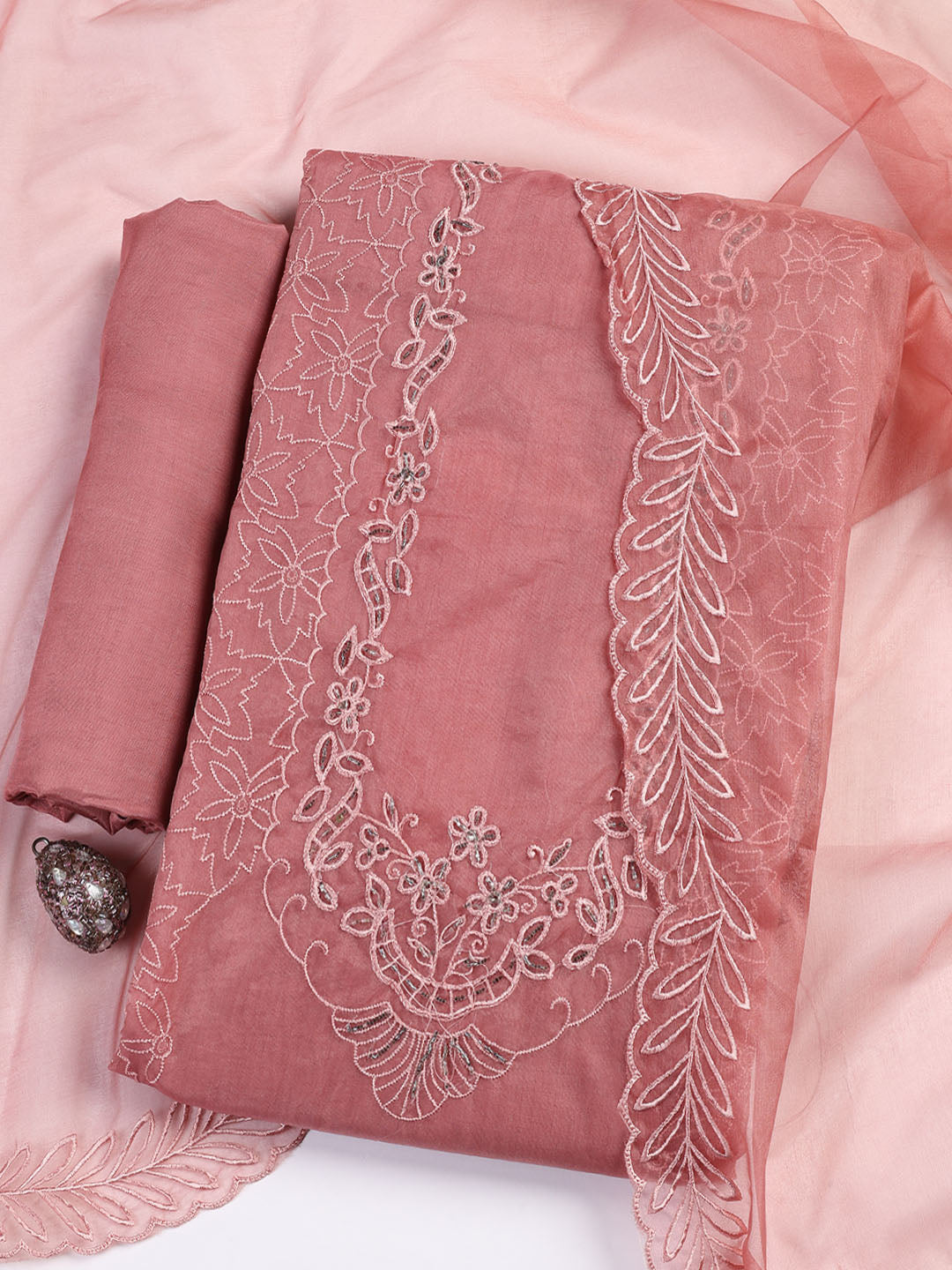 Neck Embroidered Organza Unstitched Suit Piece With Dupatta