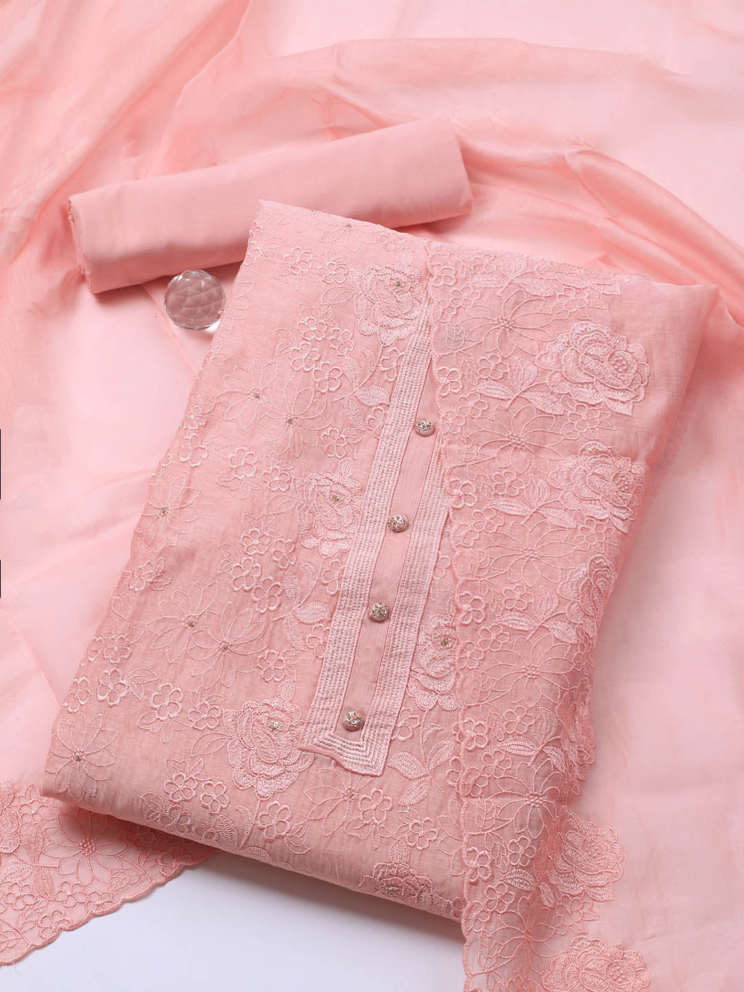 Embroidered Chanderi Unstitched Suit With Dupatta