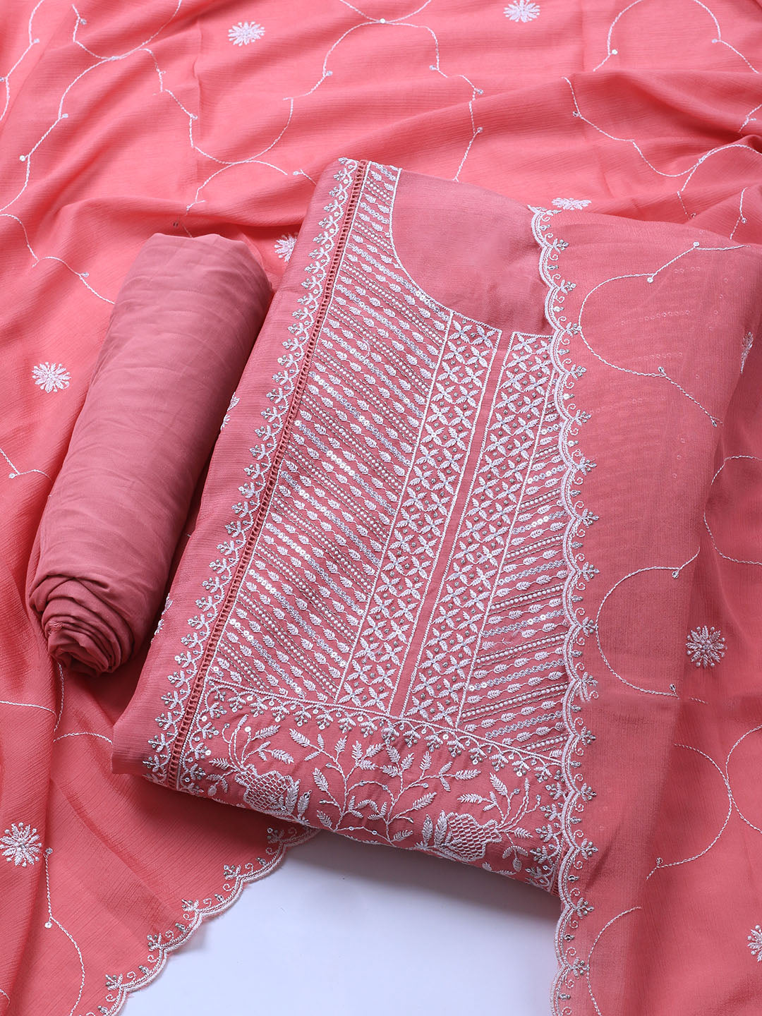 Embroidered Art Silk Unstitched Suit Piece With Dupatta