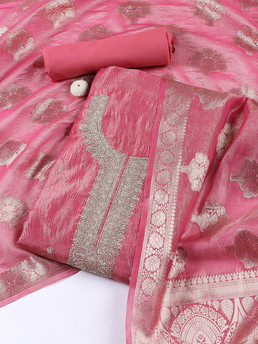 Neck Embroidered Tissue Unstitched Suit Piece With Dupatta