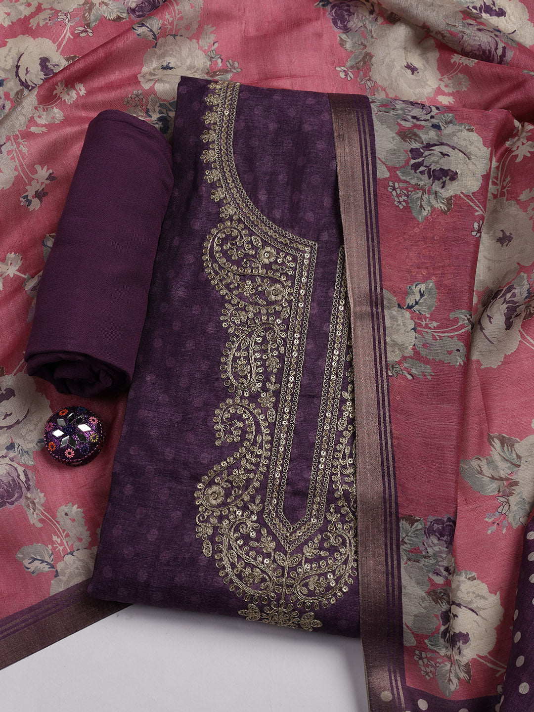 Embroidered Chanderi Unstitched Suit Piece With Dupatta