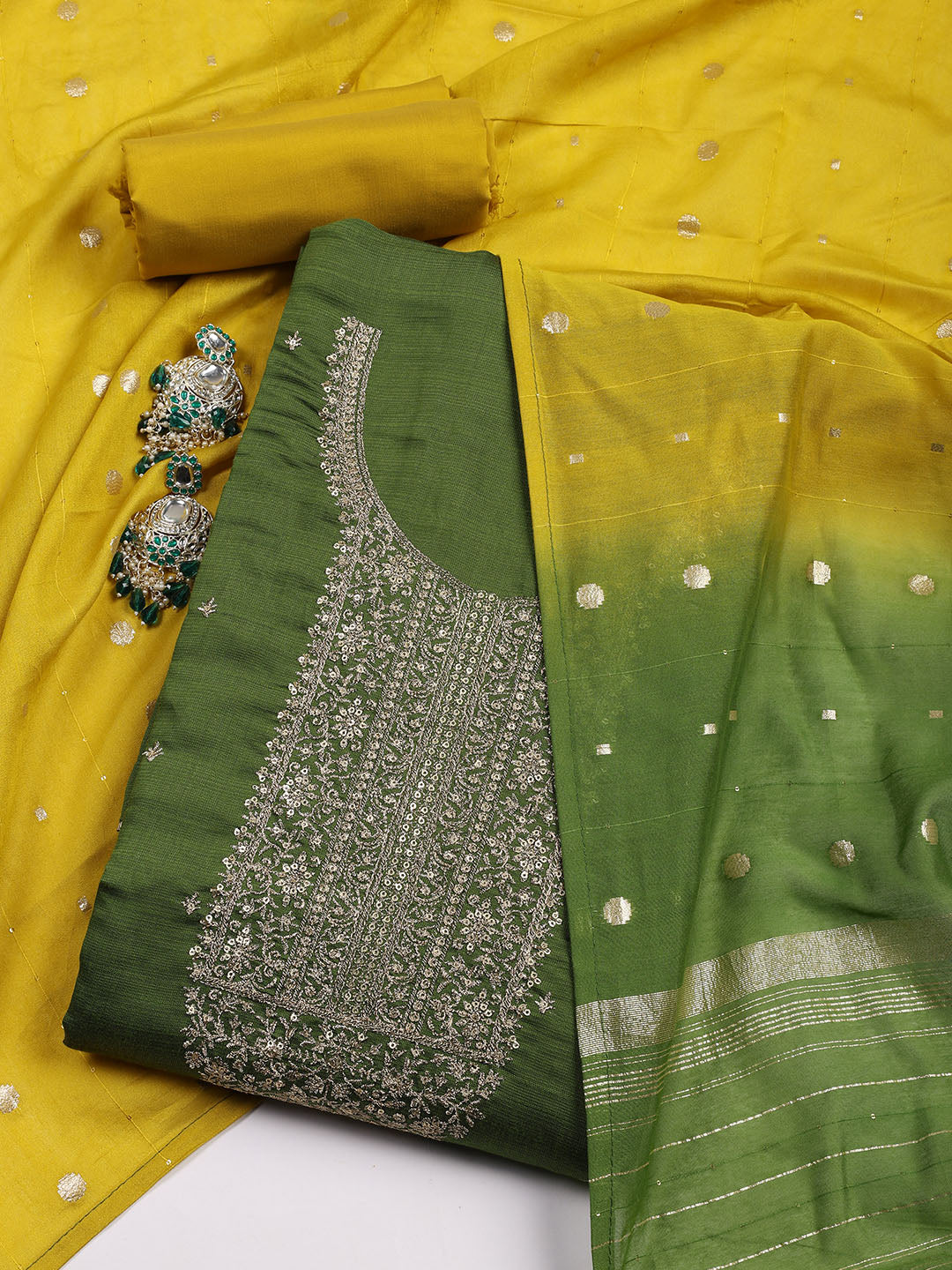 Neck Embroidered Chanderi Unstitched Suit Piece With Dupatta
