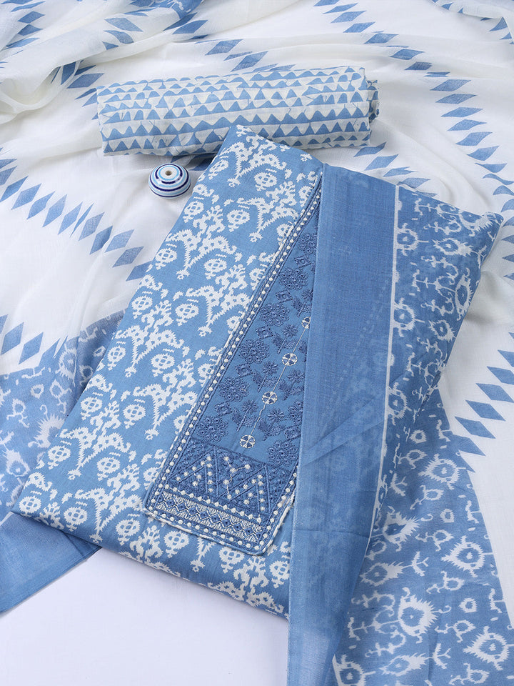 Printed Cotton Blend Unstitched Suit With Dupatta