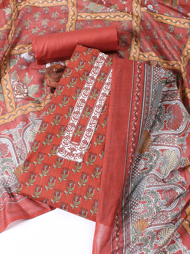 Printed Cotton Blend Unstitched Suit With Dupatta