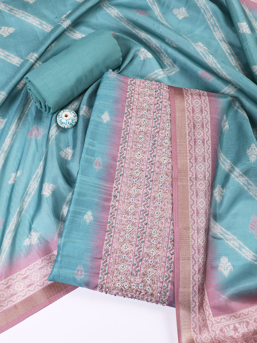 Embroidered Chanderi Unstitched Suit Piece With Dupatta