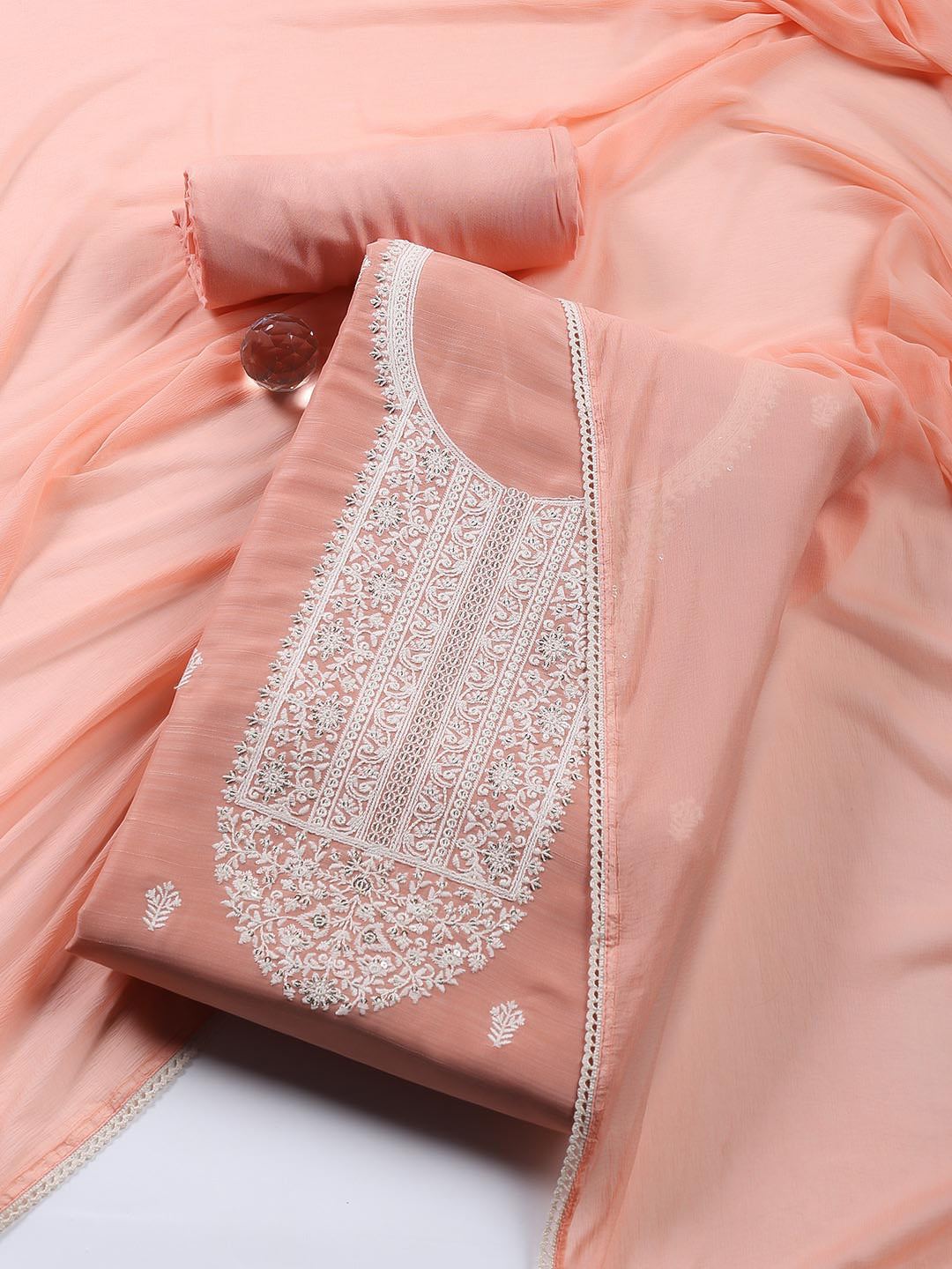 Neck Embroidered Chanderi Unstitched Suit With Dupatta