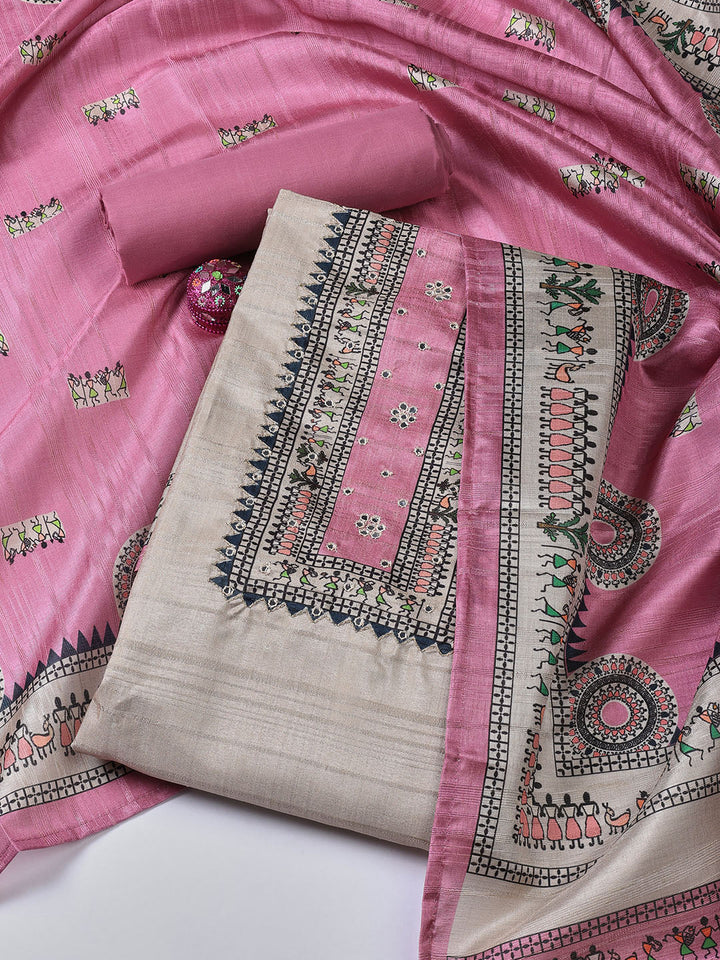 Printed Art Tussar Unstitched Suit With Dupatta