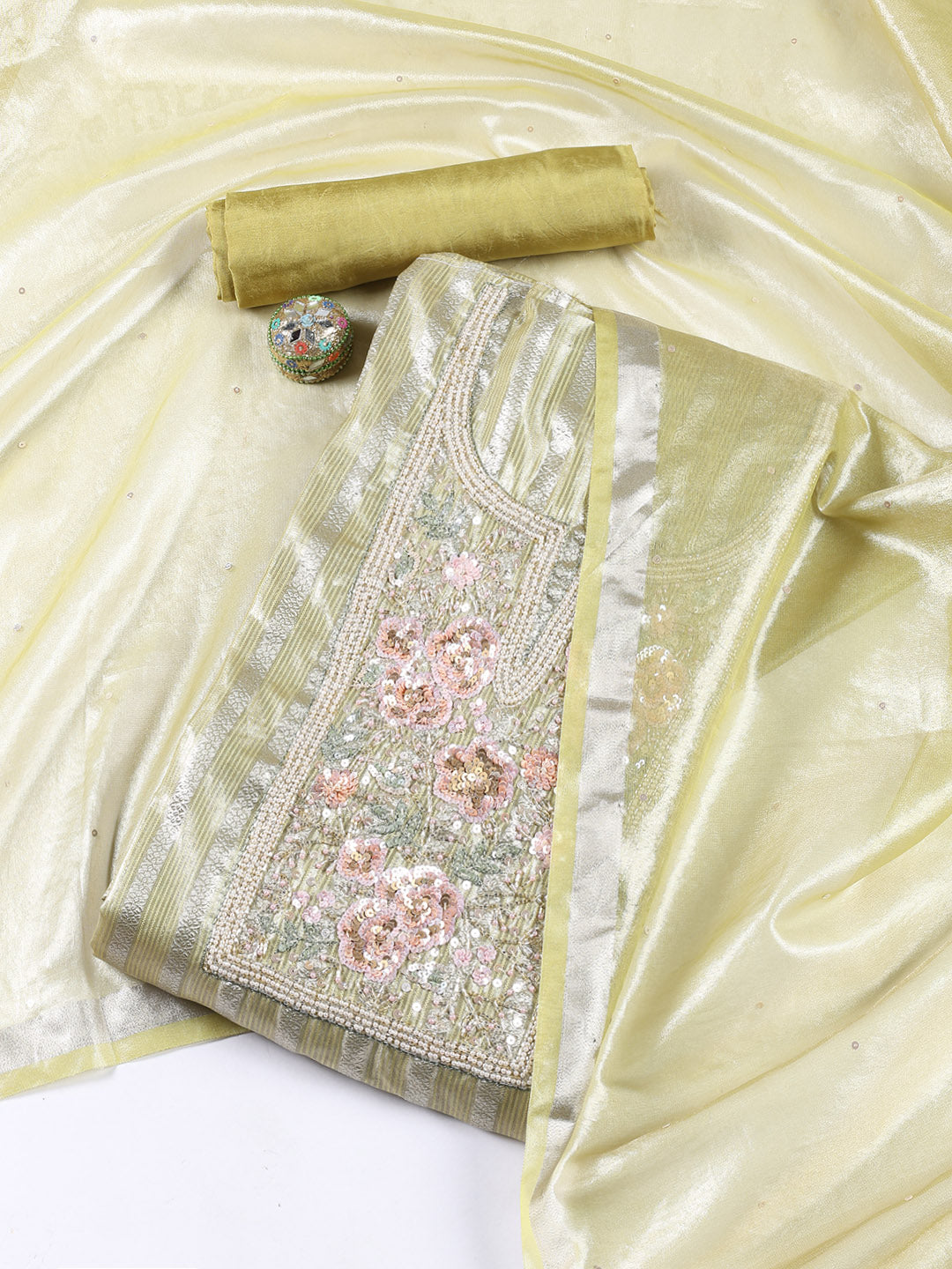 Neck Embroidered Organza Unstitched Suit With Dupatta