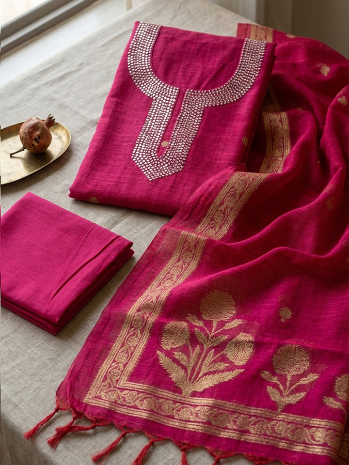Embroidered Chanderi Unstitched Suit With Pant &amp; Dupatta