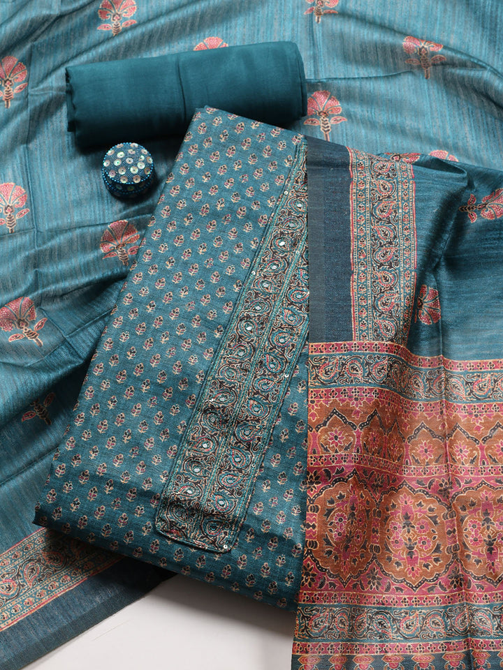 Neck Embroidered Chanderi Unstitched Suit With Dupatta