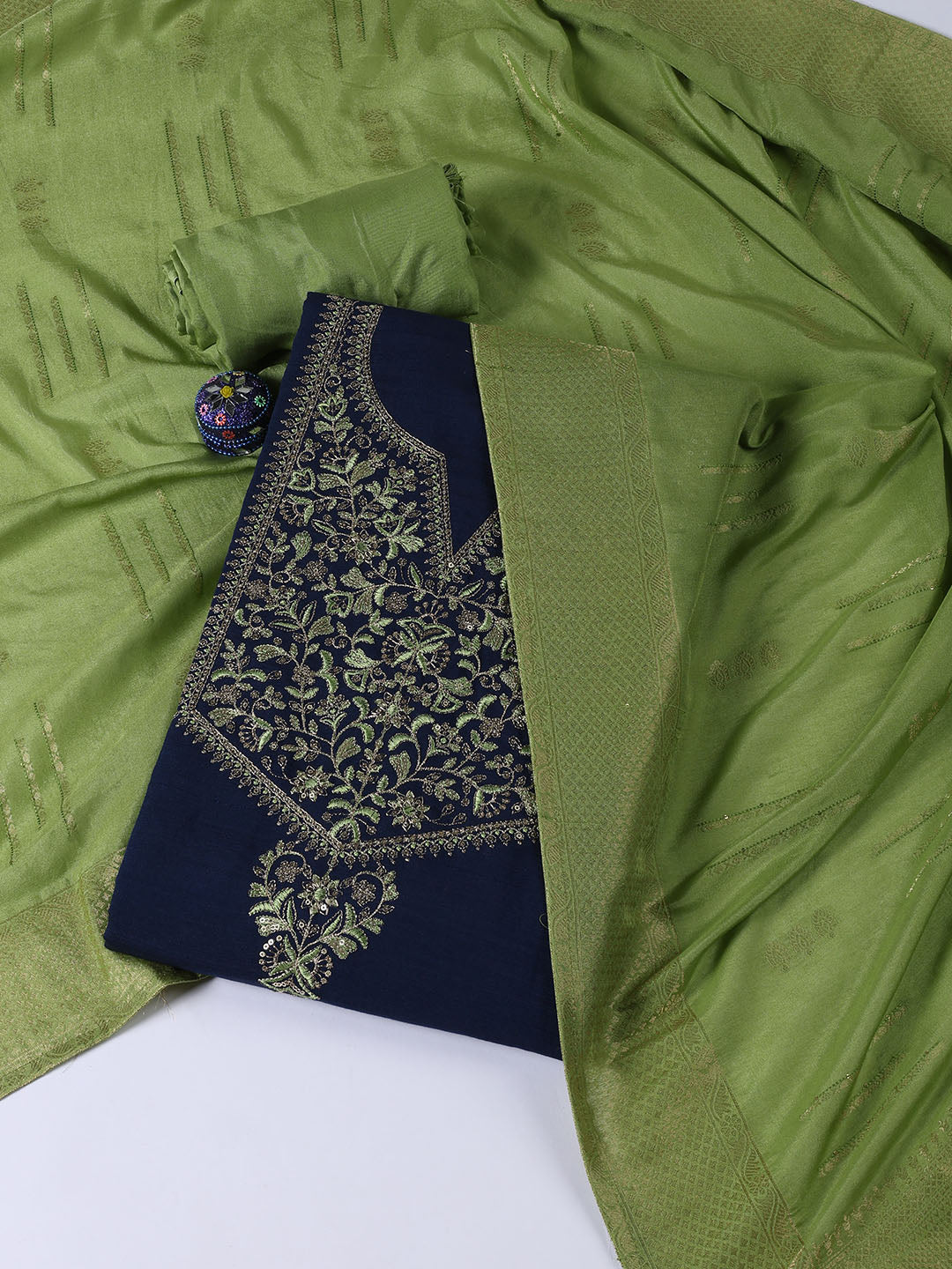 Neck Embroidered Chanderi Unstitched Suit Piece With Dupatta
