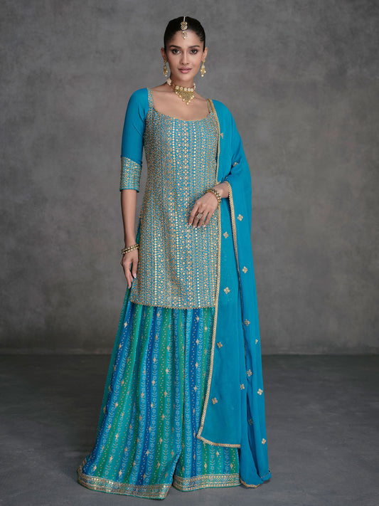 Embroidered Sequin Georgette Kurta With Palazzo And Dupatta