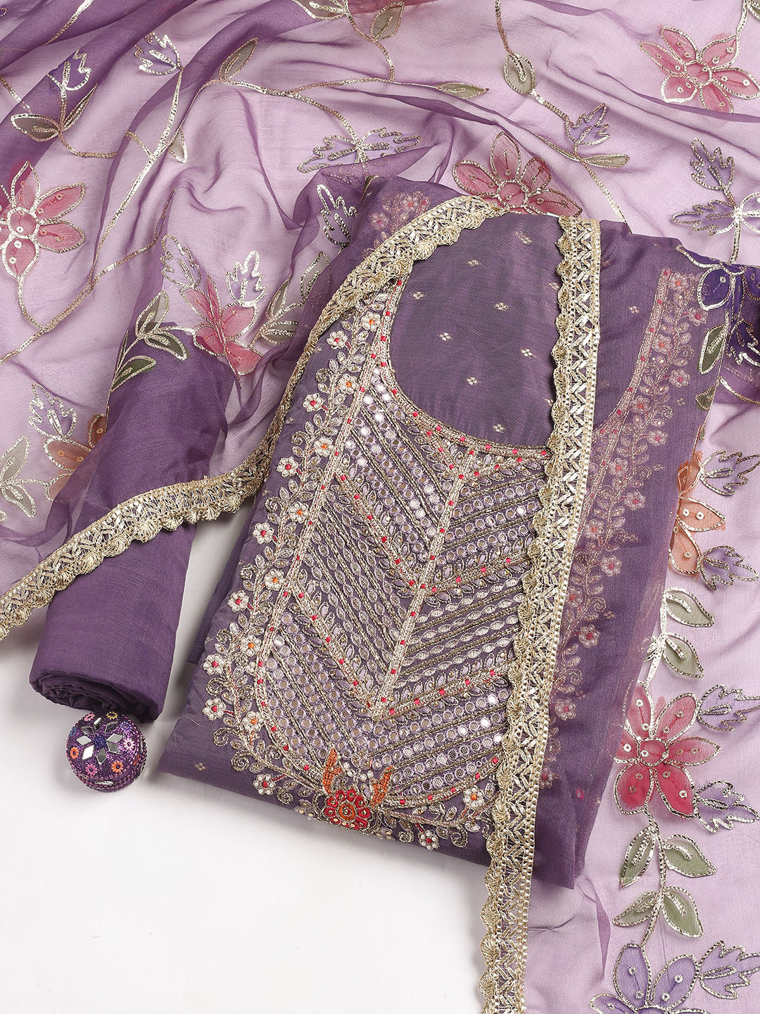 Neck Embroidery Chanderi Unstitched Suit With Dupatta