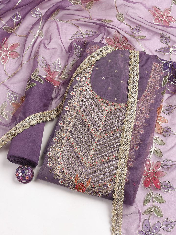Neck Embroidery Chanderi Unstitched Suit With Dupatta