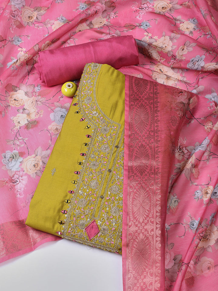 Neck Embroidery Chanderi Unstitched Suit With Dupatta