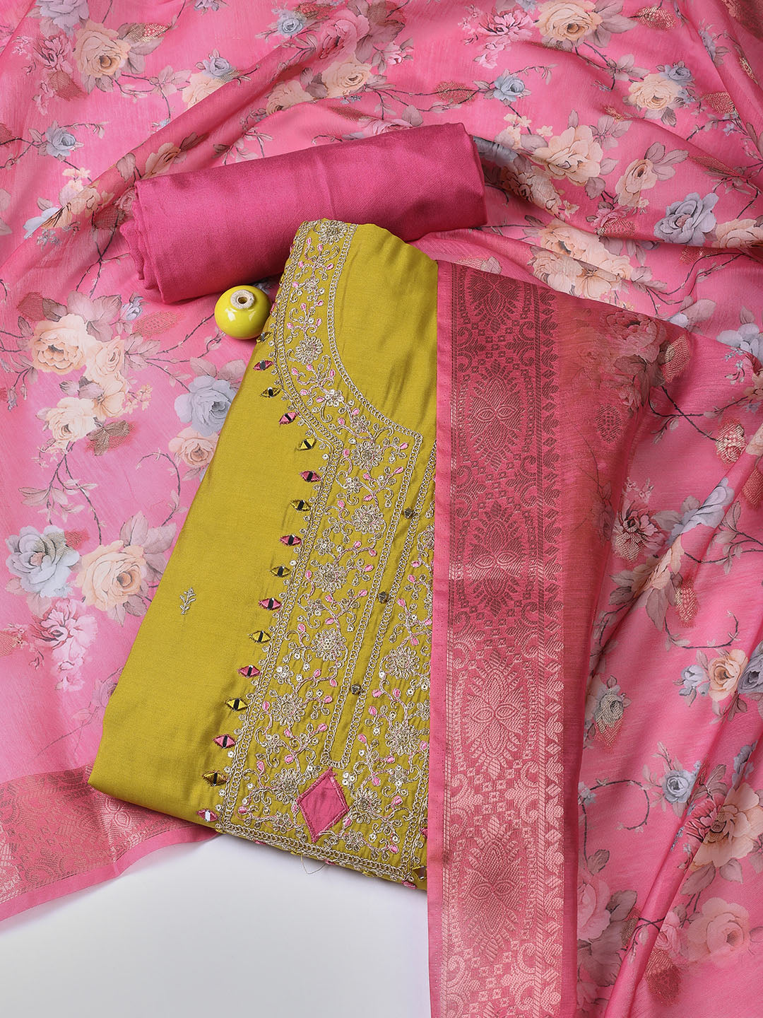 Neck Embroidery Chanderi Unstitched Suit With Dupatta