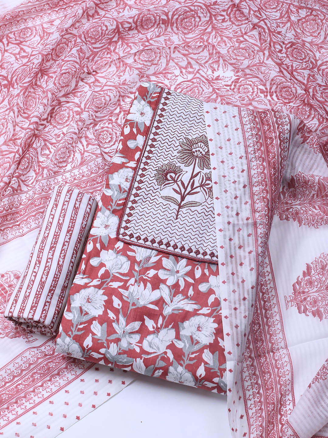 Printed Cotton Blend Unstitched Suit With Dupatta