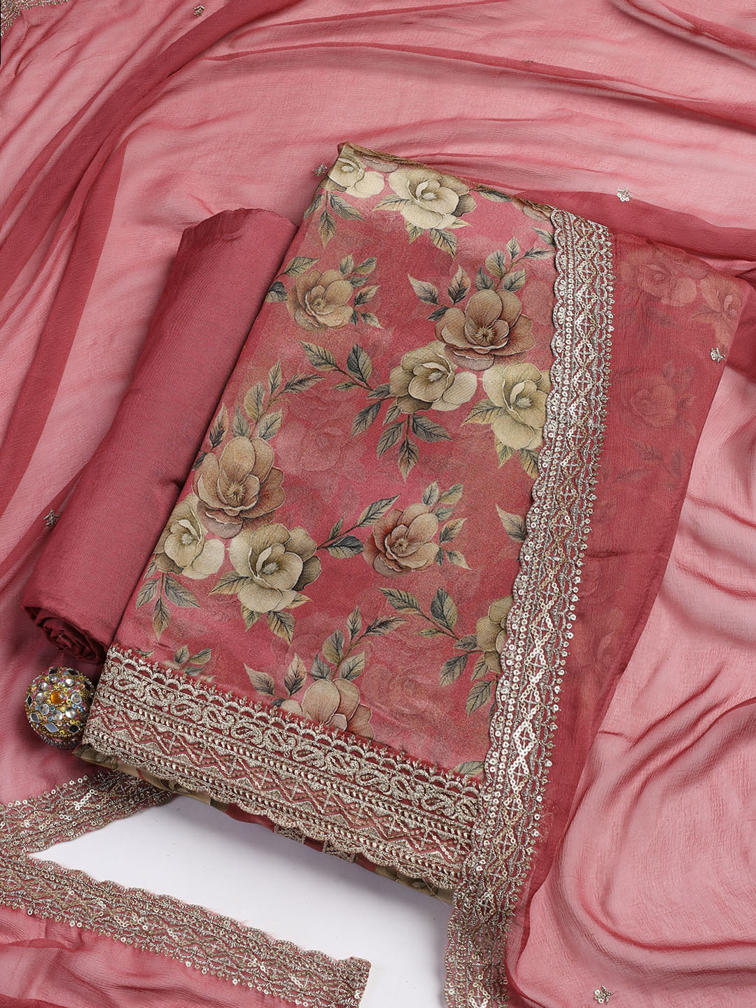 Patch Neck Art Silk Unstitched Suit With Dupatta
