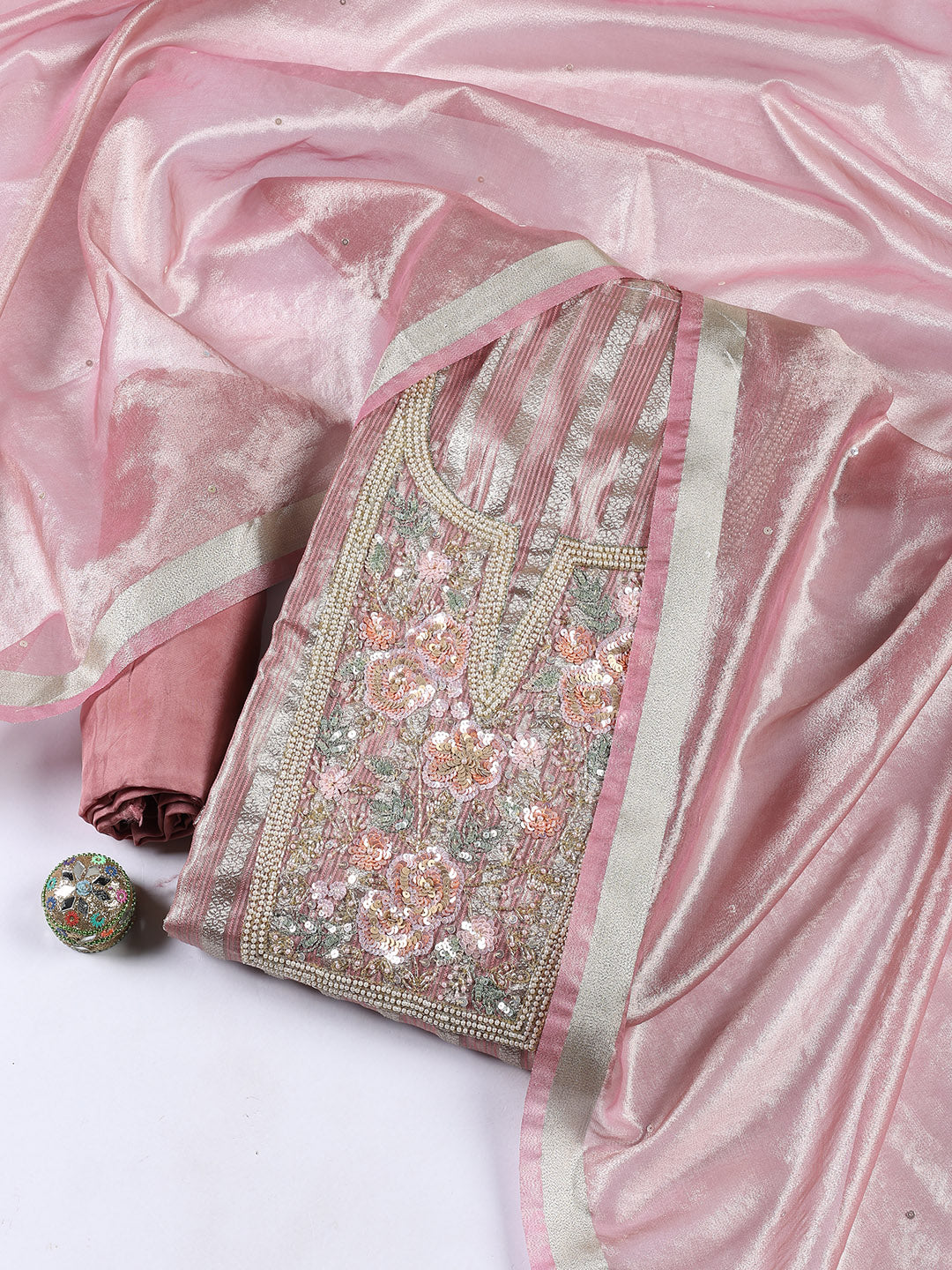 Neck Embroidered Organza Unstitched Suit With Dupatta