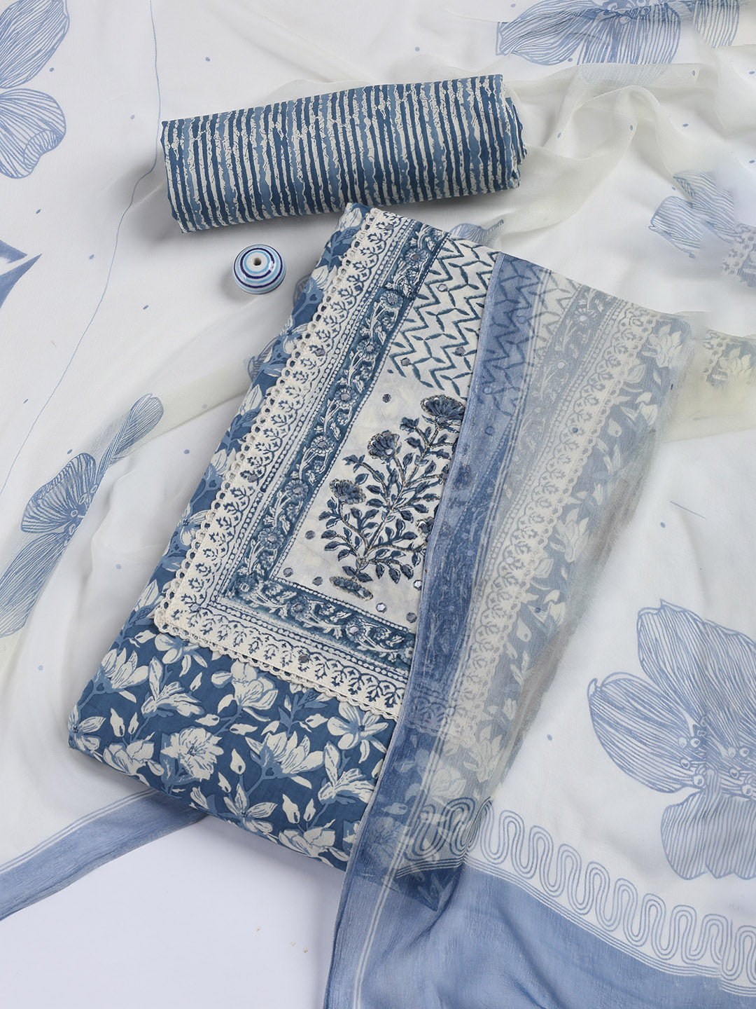 Printed Cotton Blend Unstitched Suit With Dupatta