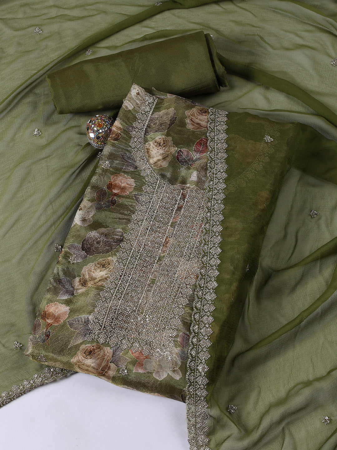 Neck Embroidered Tissue Unstitched Suit With Dupatta