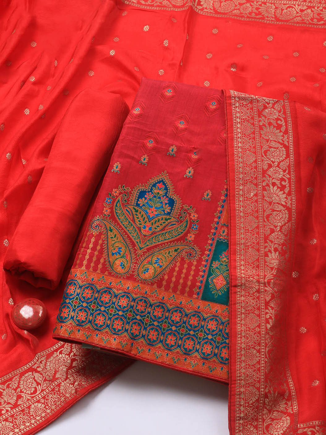 Embroidered Art Silk Unstitched Suit Piece With Dupatta