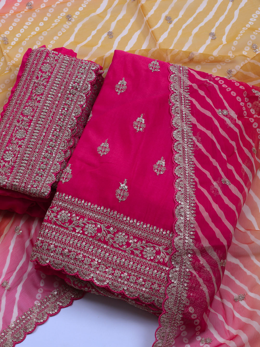 Embroidered Art Silk Unstitched Suit Piece With Dupatta