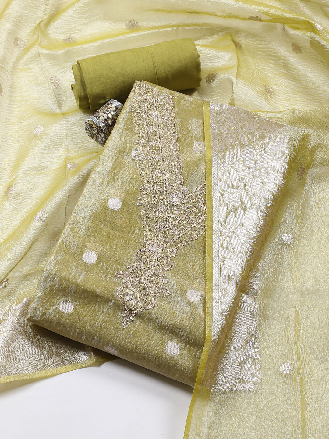 Neck Embroidered Tissue Unstitched Suit Piece With Dupatta