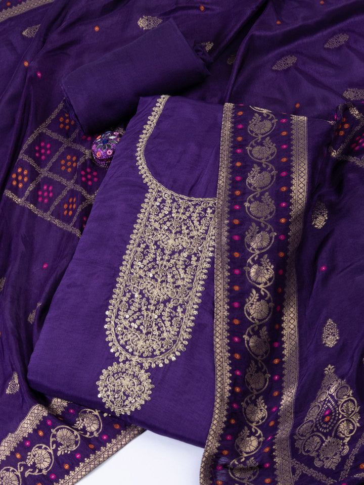 Neck Embroidered Chanderi Unstitched Suit Piece With Dupatta