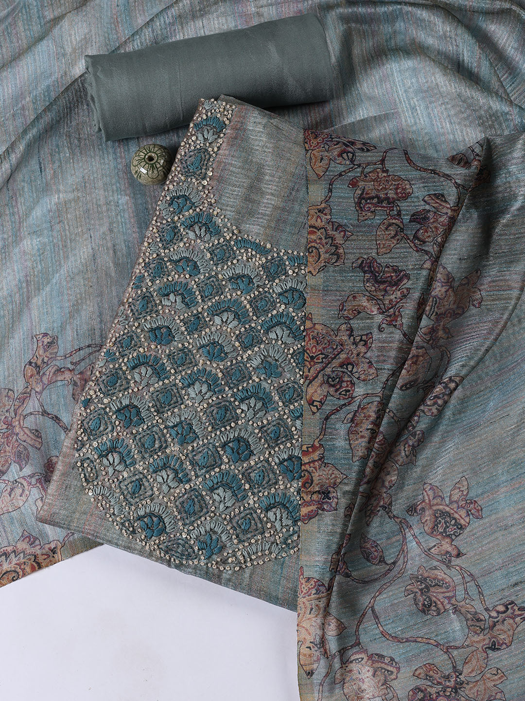 Kantha Work Chanderi Unstitched Suit With Dupatta