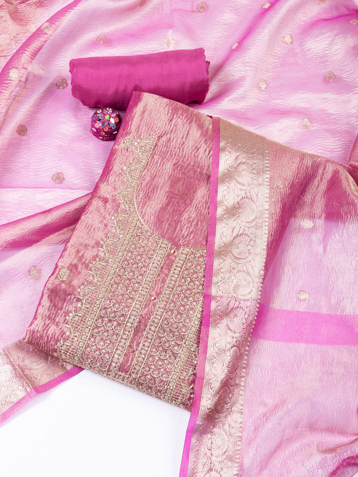 Neck Embroidered Tissue Unstitched Suit Piece With Dupatta