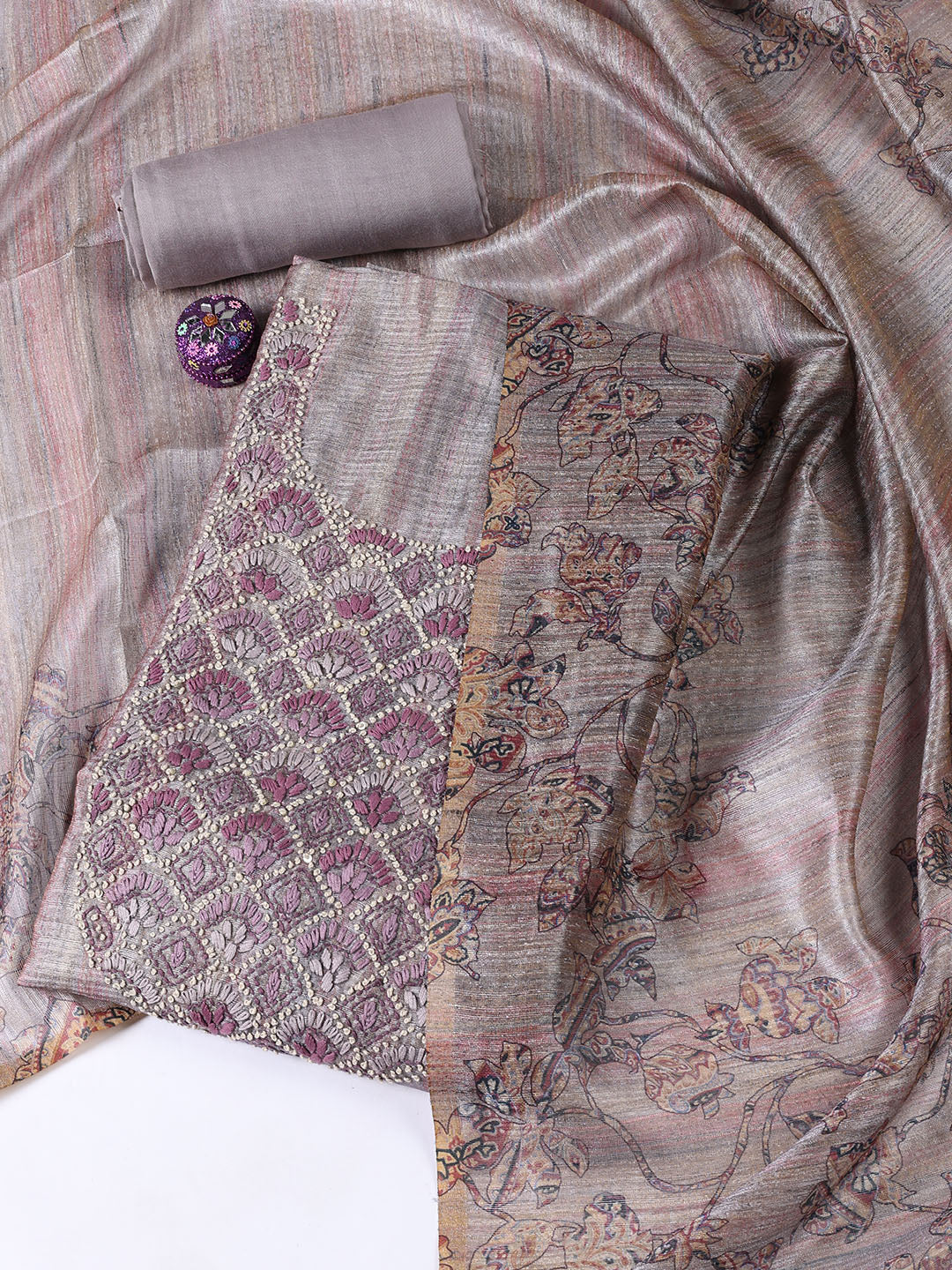 Kantha Work Chanderi Unstitched Suit With Dupatta
