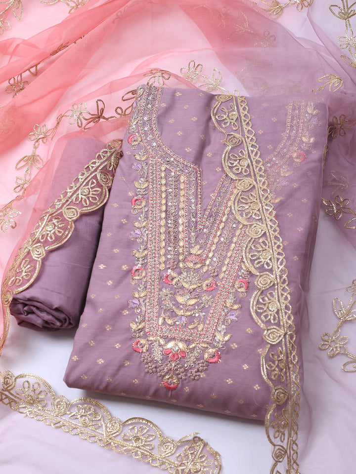 Neck Embroidery Chanderi Unstitched Suit With Dupatta