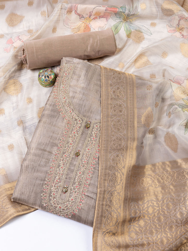 Neck Embroidered Tissue Unstitched Suit Piece With Dupatta