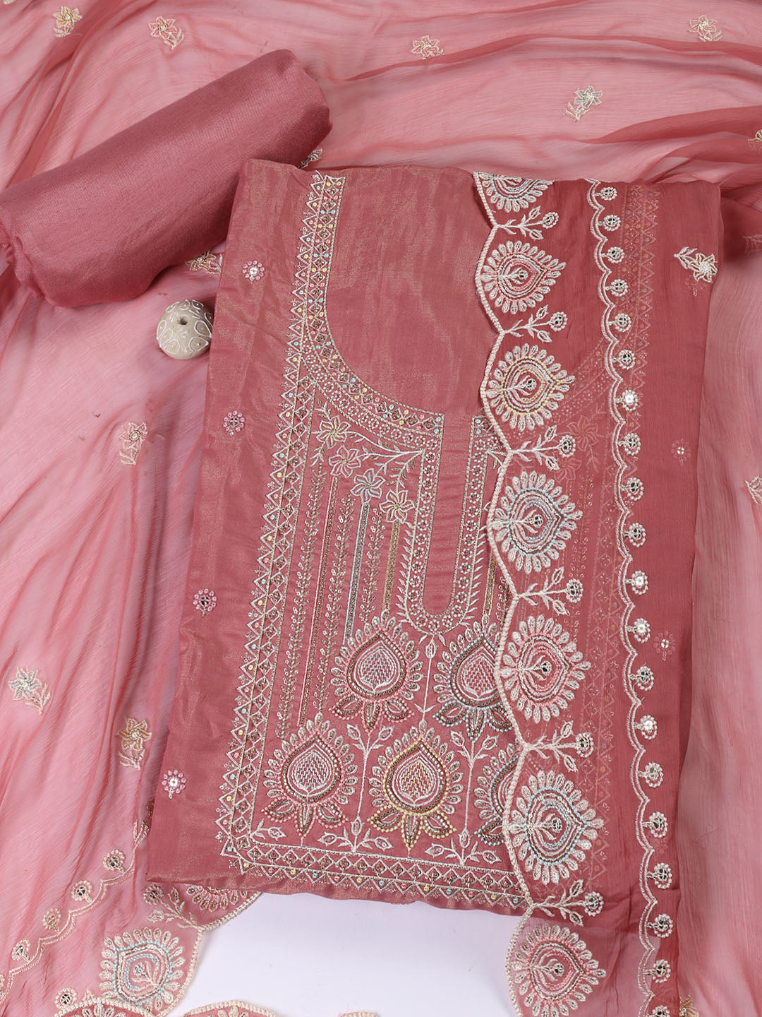 Embroidered Chanderi Unstitched Suit Piece With Dupatta