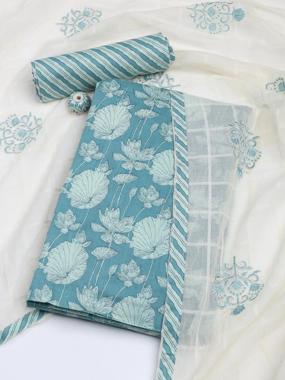 Printed Cotton Blend Unstitched Suit With Dupatta