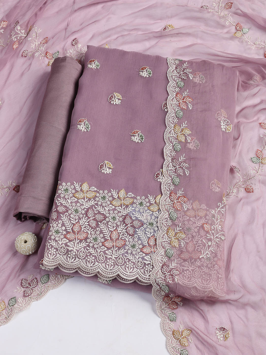 Embroidered Chinnon Unstitched Suit Piece With Dupatta