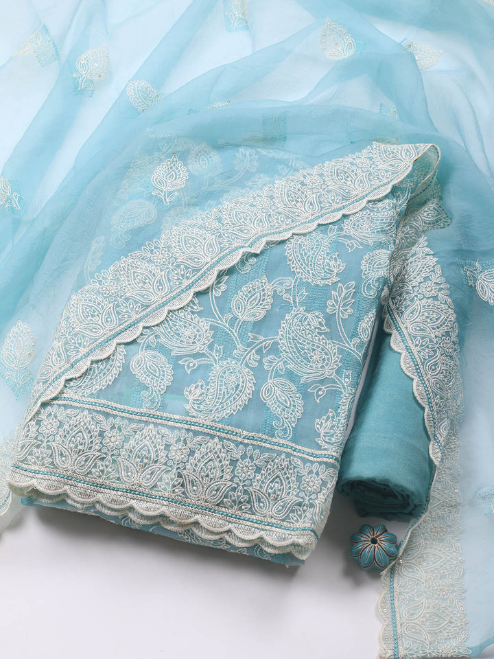 Thread Embroidery Organza Unstitched Suit Piece With Dupatta