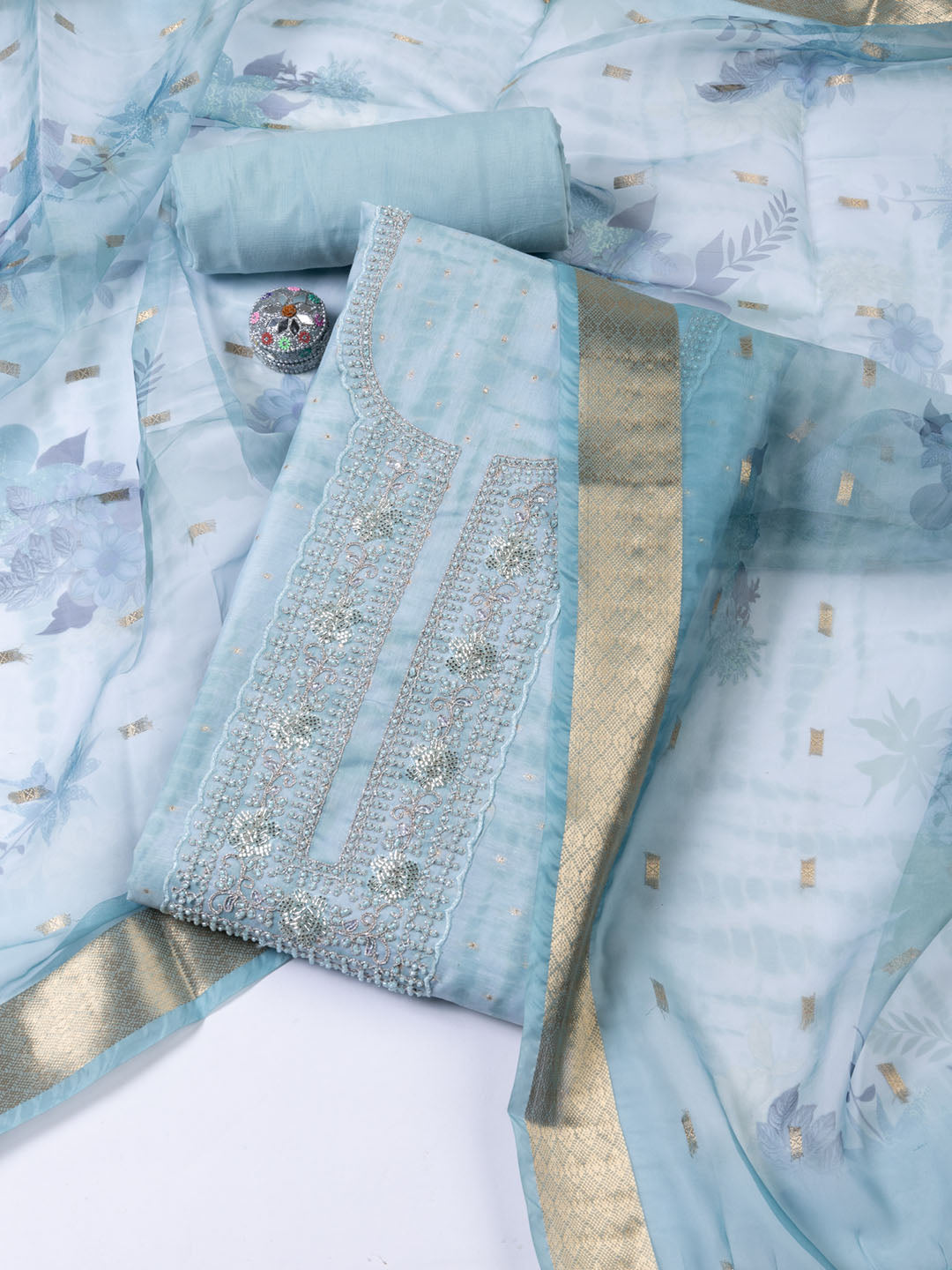 Embroidery Chanderi Unstitched Suit Piece With Dupatta