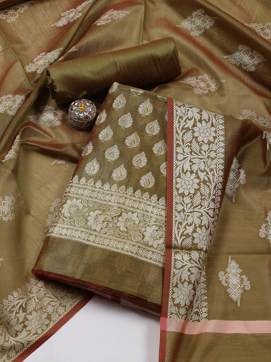 Woven Banarasi Chanderi Unstitched Suit With Dupatta