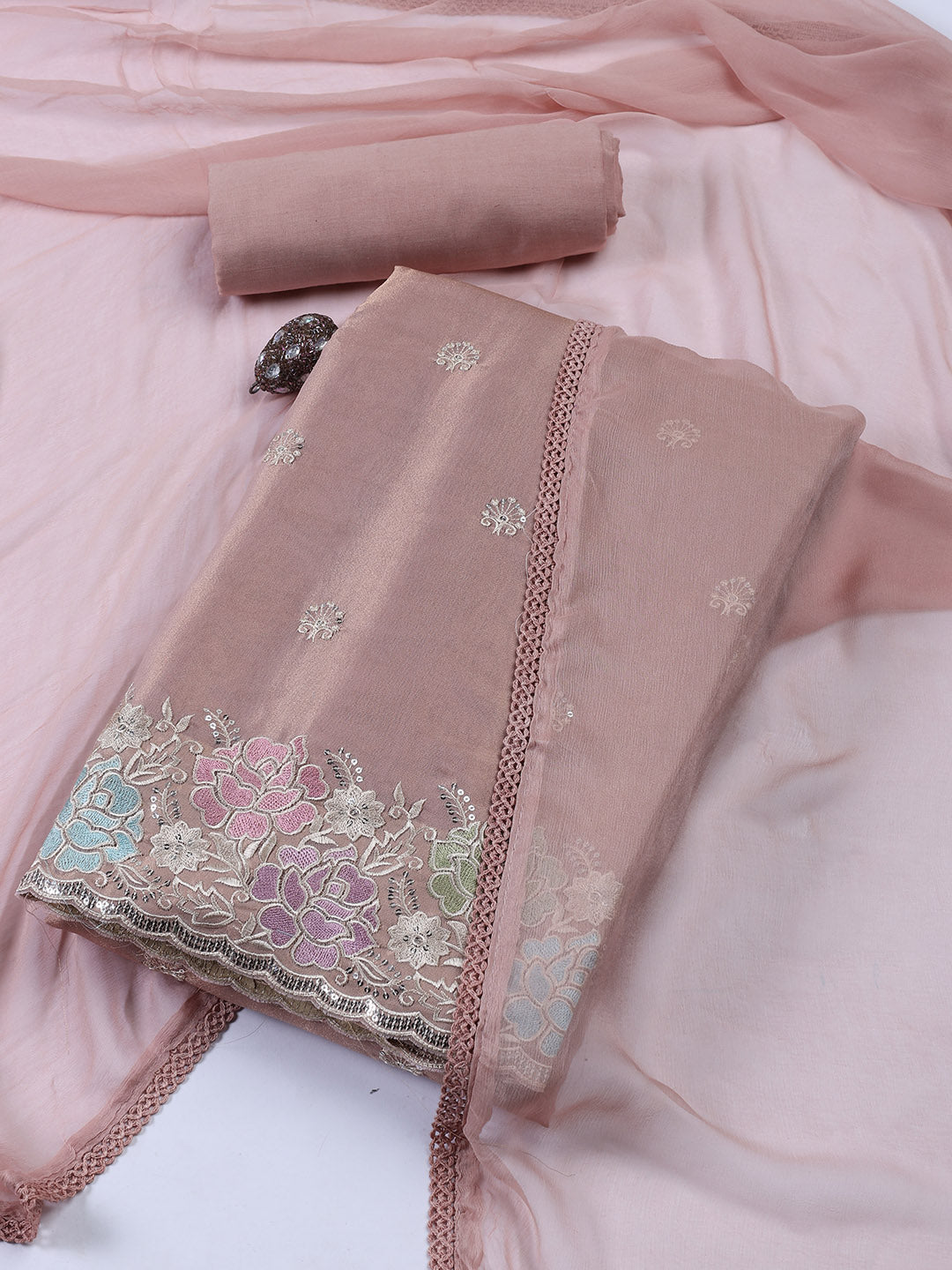 Embroidered Tissue Unstitched Suit Piece With Dupatta