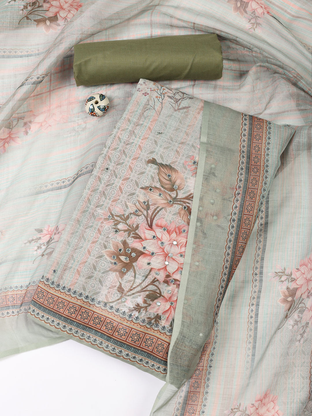 Floral Printed Linen Unstitched Suit With Dupatta