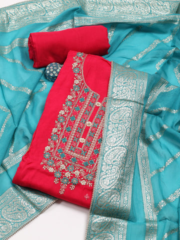 Neck Embroidered Organza Unstitched Suit Piece With Dupatta