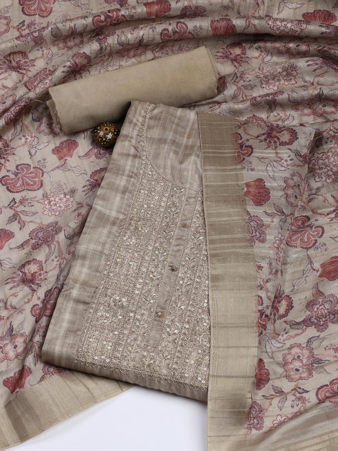 Neck Embroidery Art Tussar Unstitched Suit With Dupatta