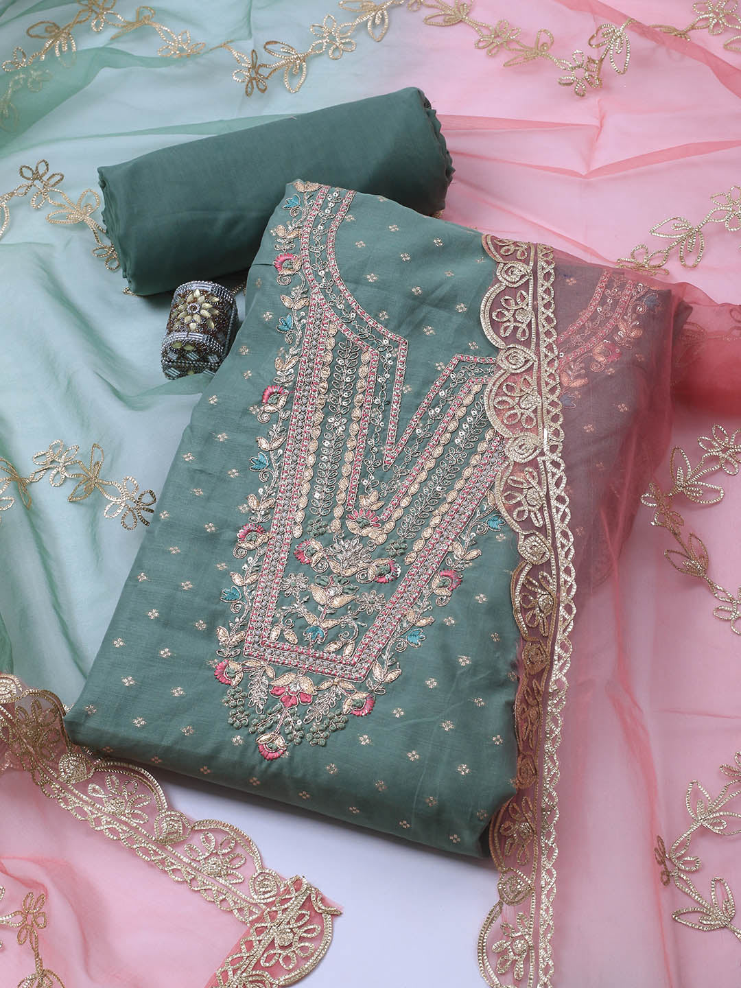 Neck Embroidery Chanderi Unstitched Suit With Dupatta