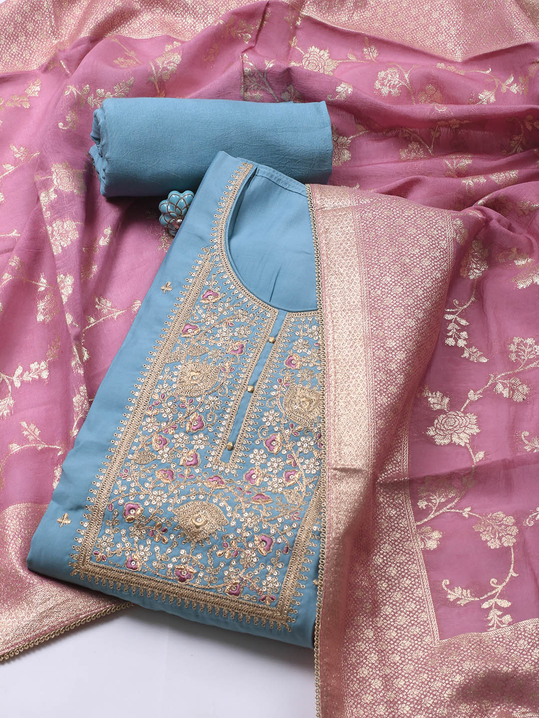 Neck Embroidery Chanderi Unstitched Suit With Dupatta
