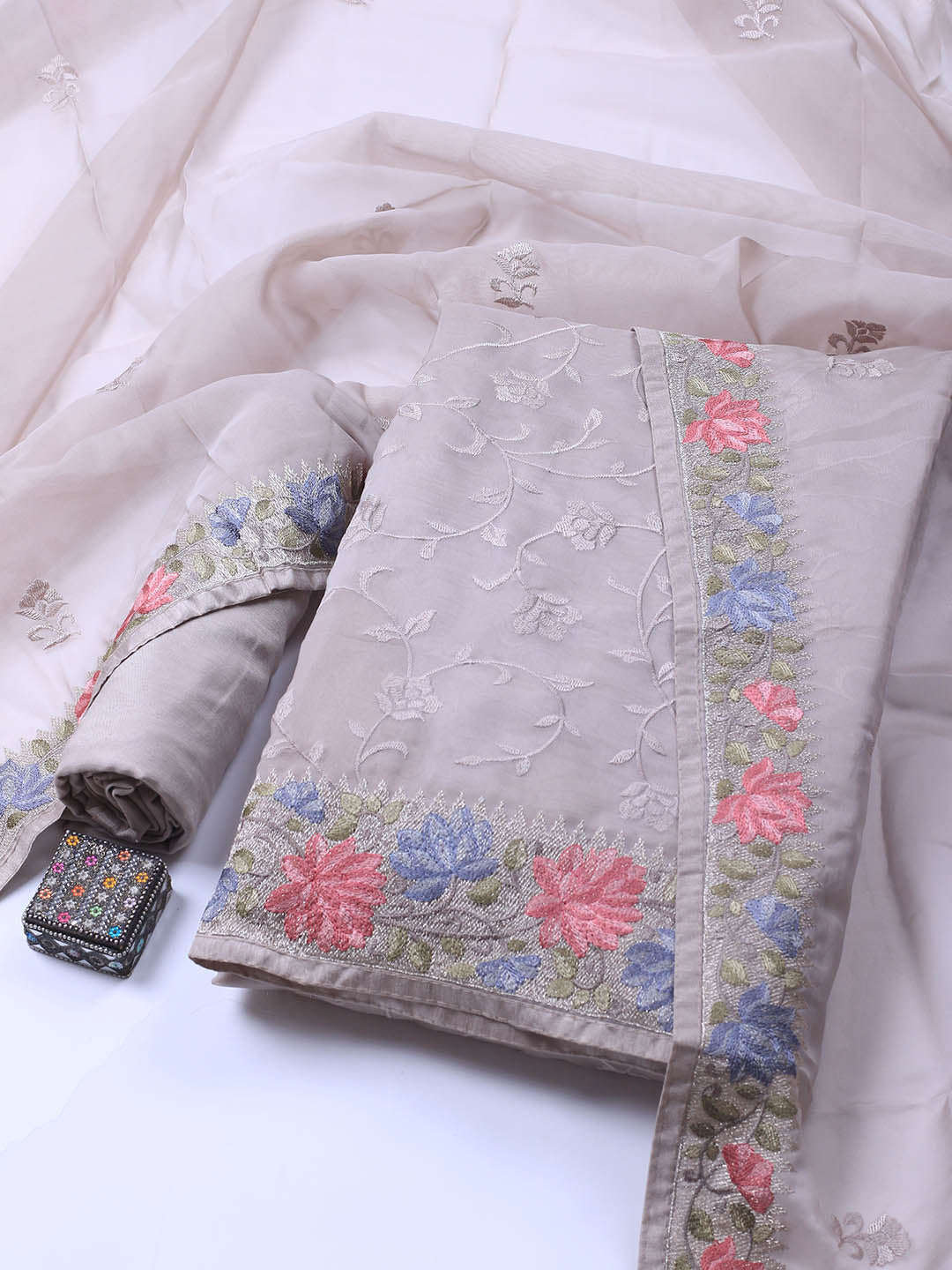 Neck Embroidery Organza Unstitched Suit Piece With Dupatta