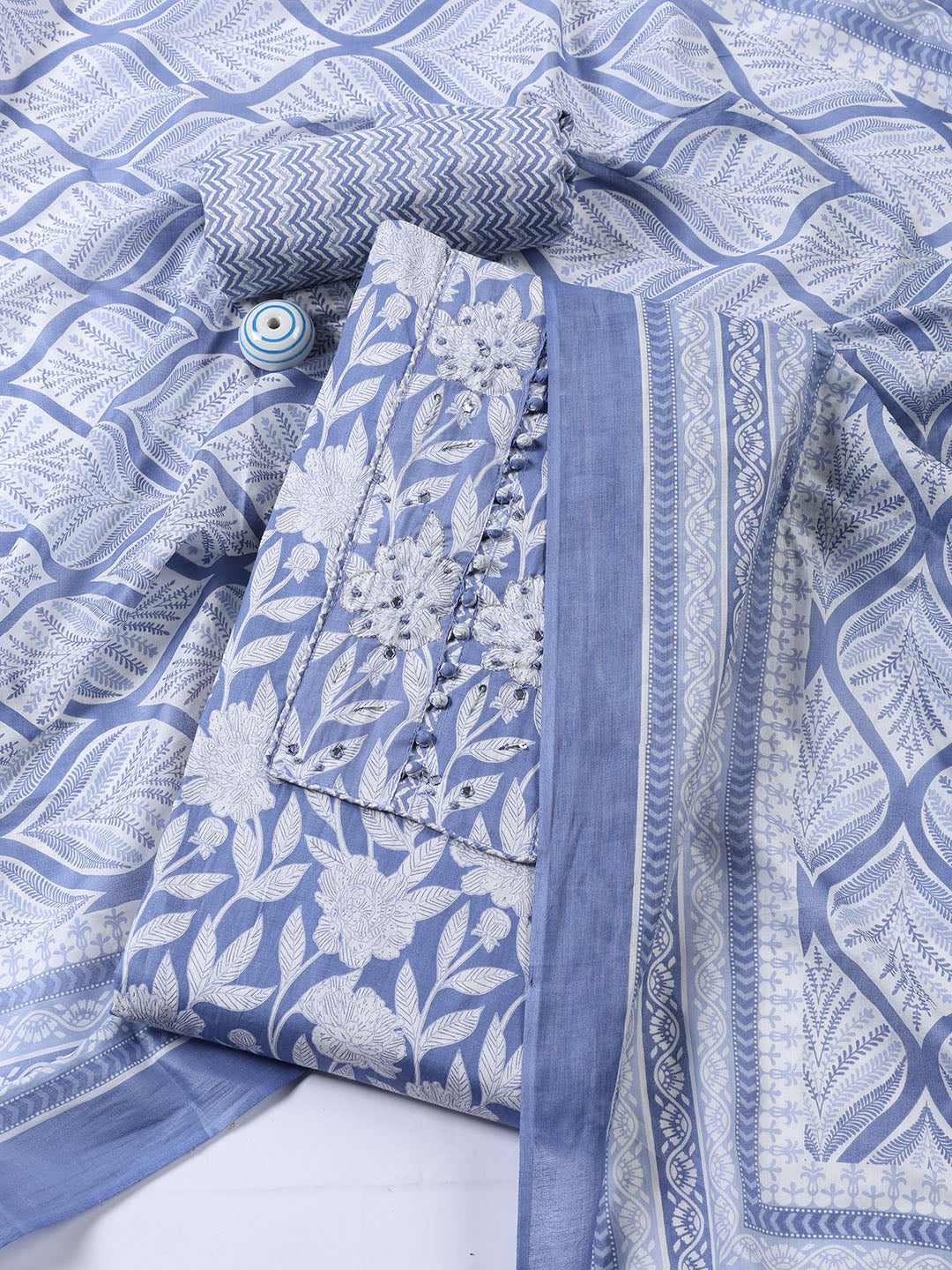 Printed Cotton Blend Unstitched Suit With Dupatta